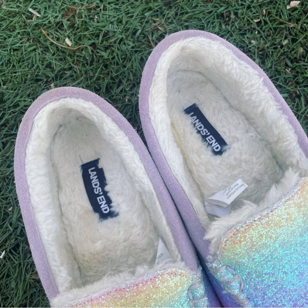 Rainbow Glitter Lands’ End Youth/Adolescent Moccasin Slippers Size 3